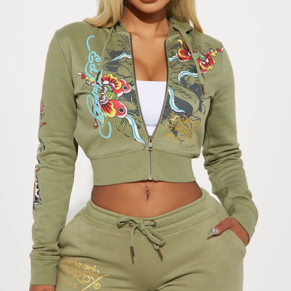Ed Hardy Butterfly Zip Front Hoodie - Sage - Picture 1 of 1